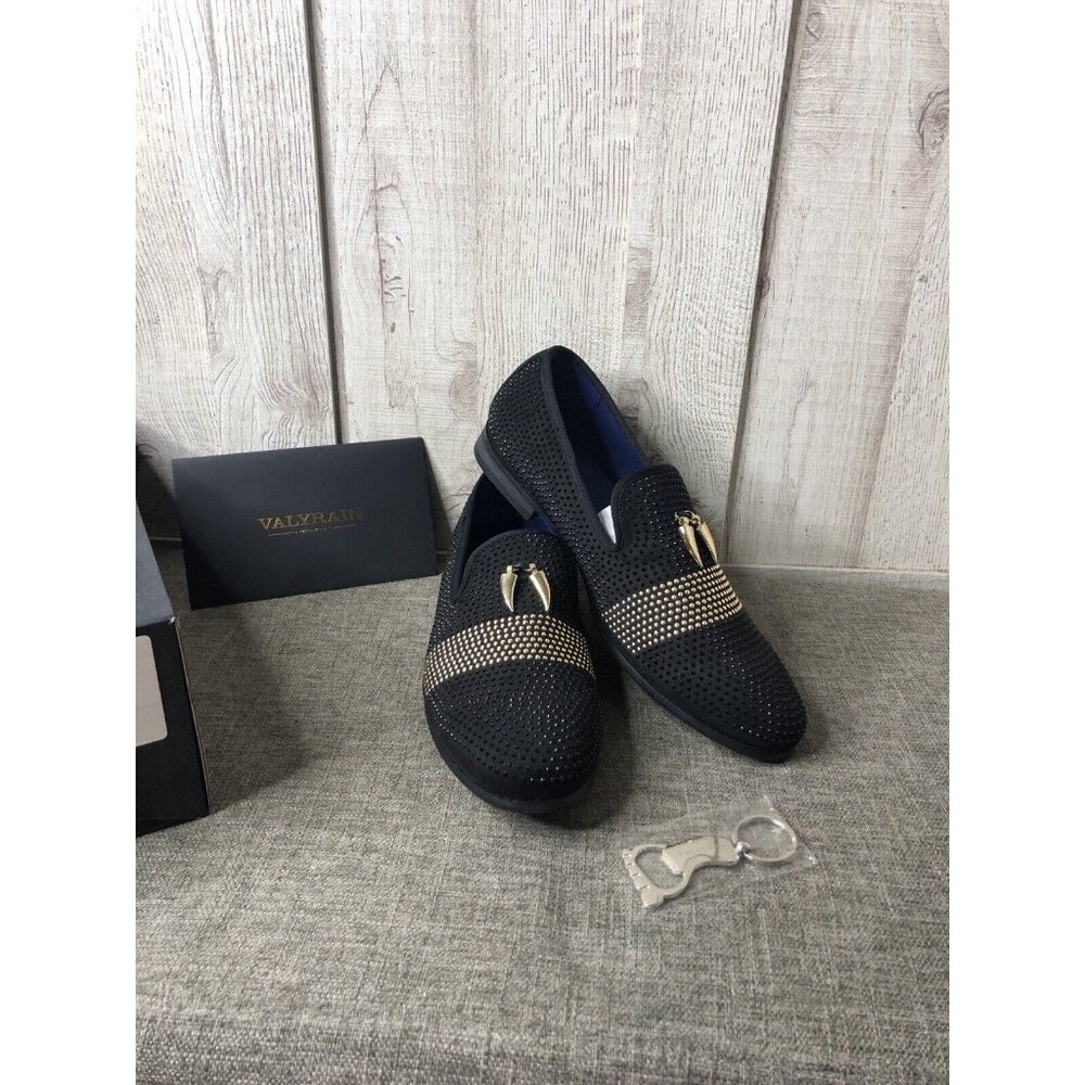 Valyrain Milan Mens Dress Shoes Size 11 Black Gold Rhinestones Wedding Formal